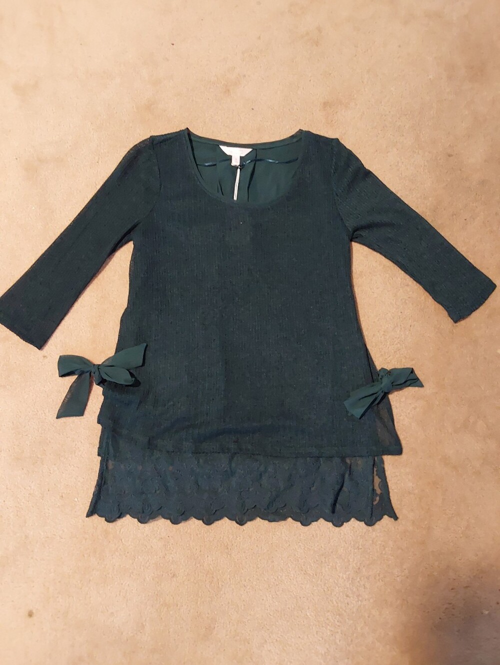 NWT Dark Green Lace-Hem Sweater Tunic Top with Side Bows S